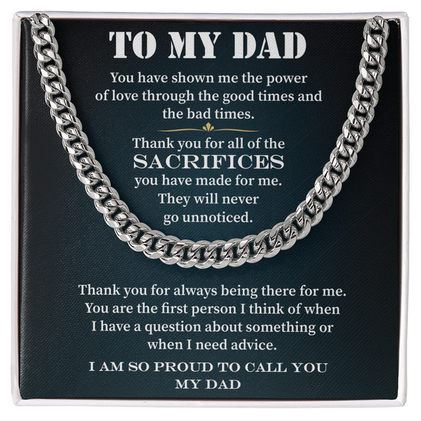 Silver chain necklace gift for dad with heartfelt message