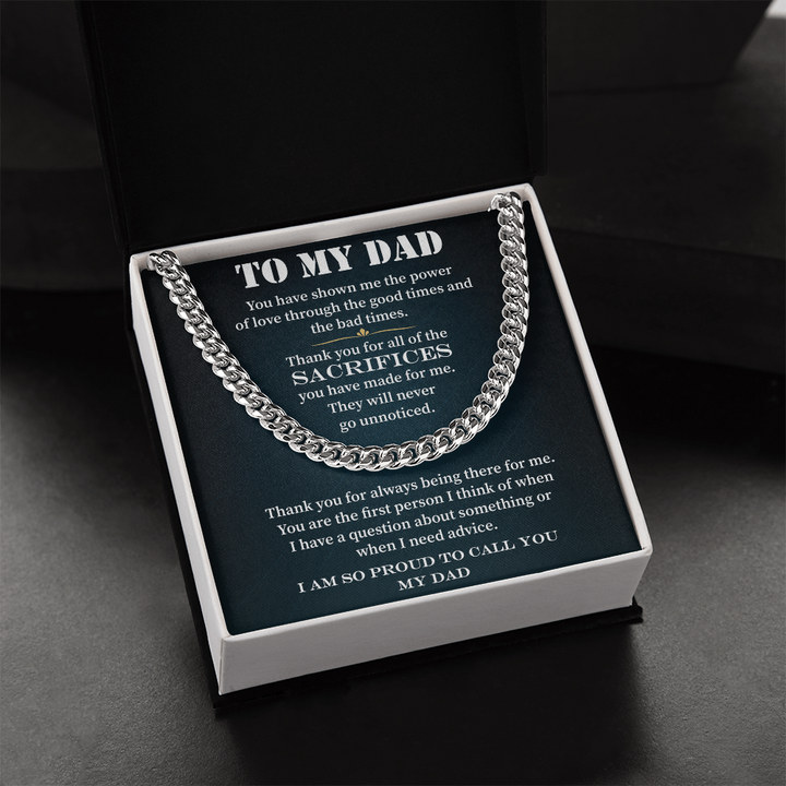 Silver chain necklace gift for dad with heartfelt message.