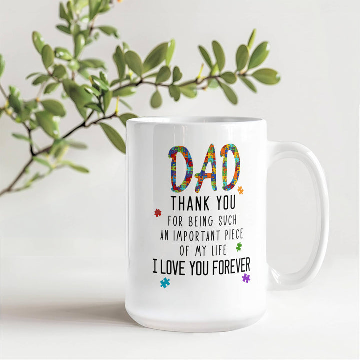 Mug with colorful 'Dad' and heartfelt thank you text
