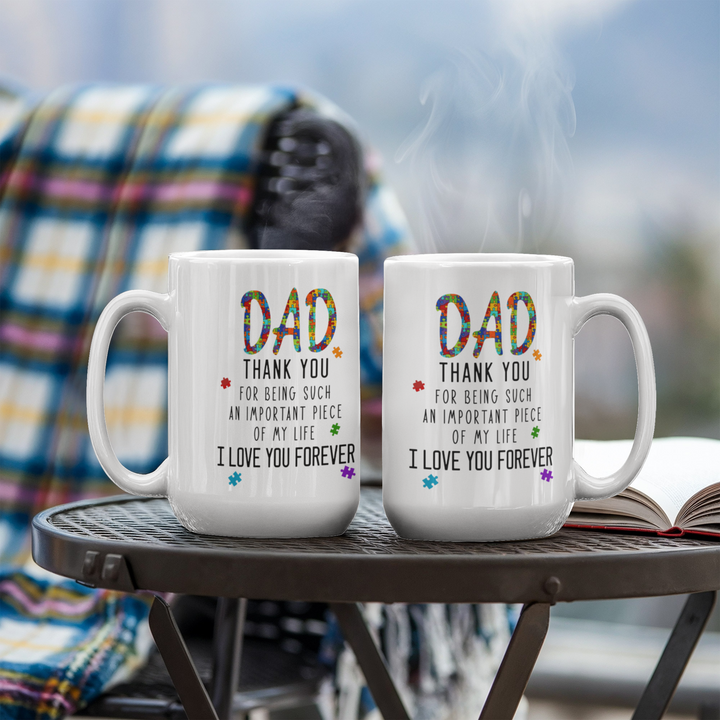 Mug with colorful 'Dad' and heartfelt thank you text